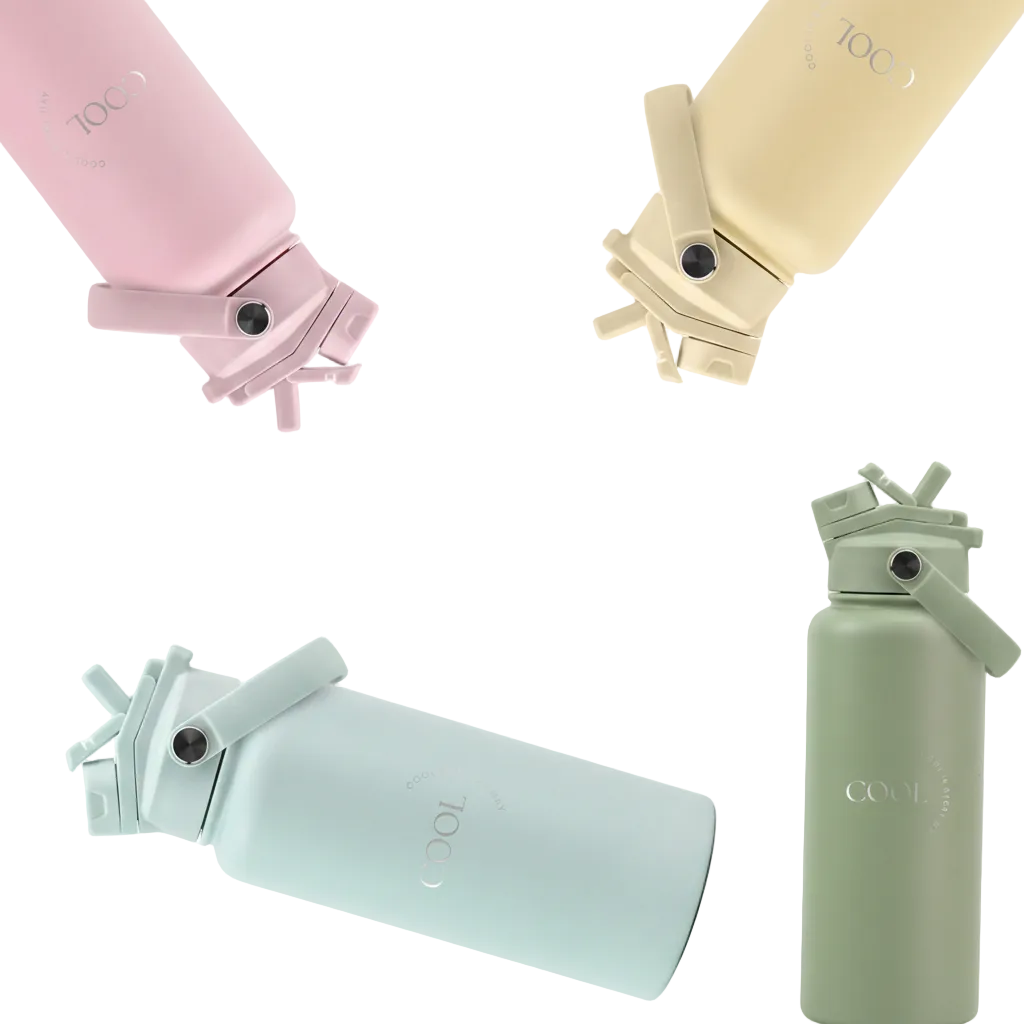 Collage of four water bottles in pink, beige, light blue, and green on a white background.